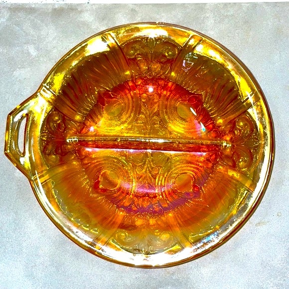Carnival Glass Iridescent Marigold Divided Relish Dish with Handle Indiana Glass - Picture 9 of 9